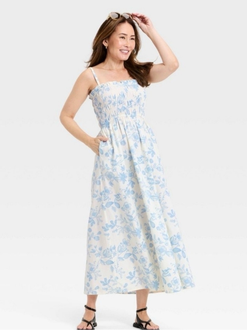 Universal Thread Light Blue and White Floral Smocked Maxi Dress